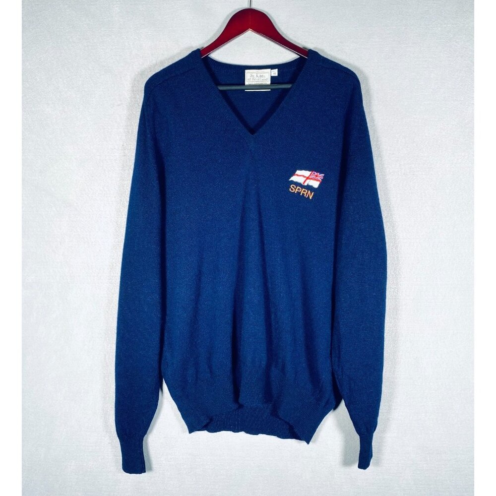 Vintage Scottish Sweater Mens XL 48 Blue Wool V Neck Pullover